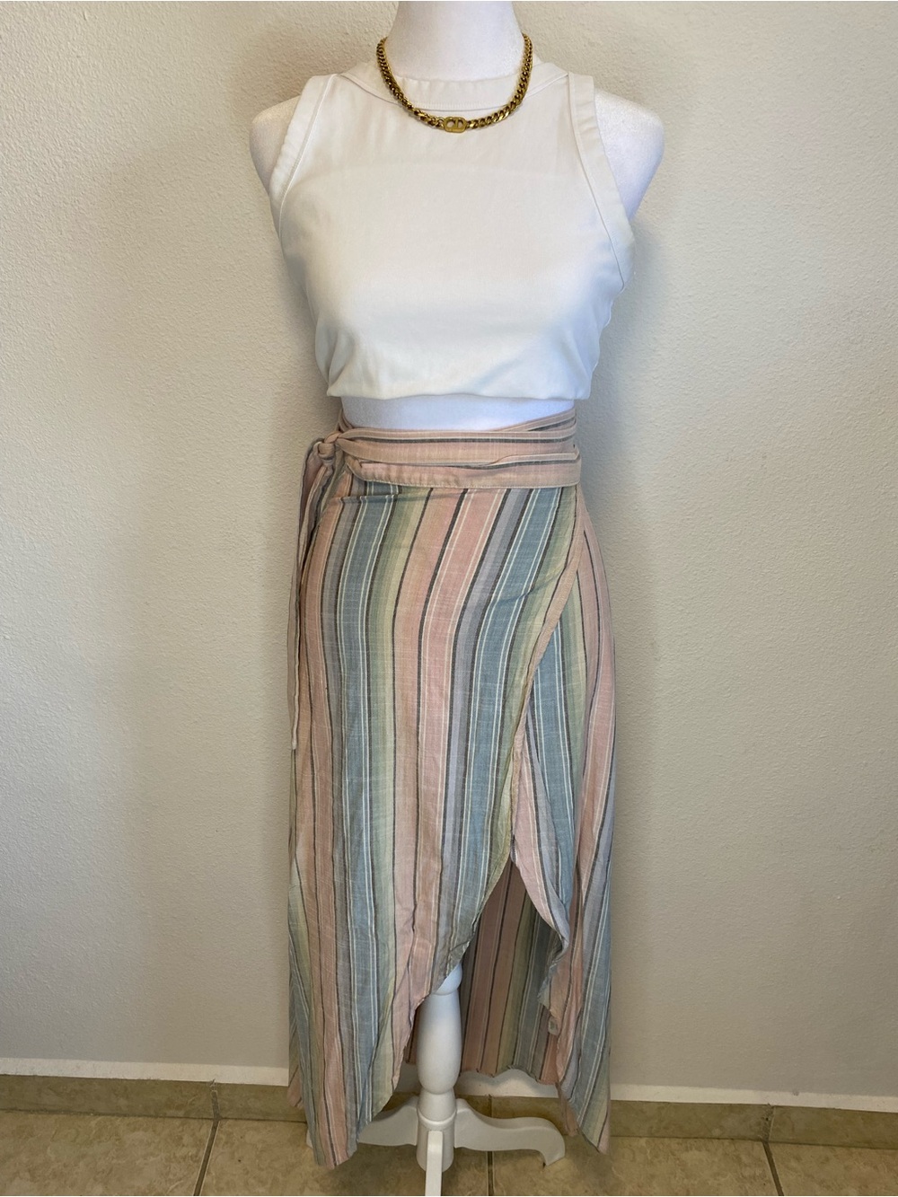 Show Me Your MuMu Striped Pastel Siren Wrap Midi Skirt XS Self Tie Coastal Boho